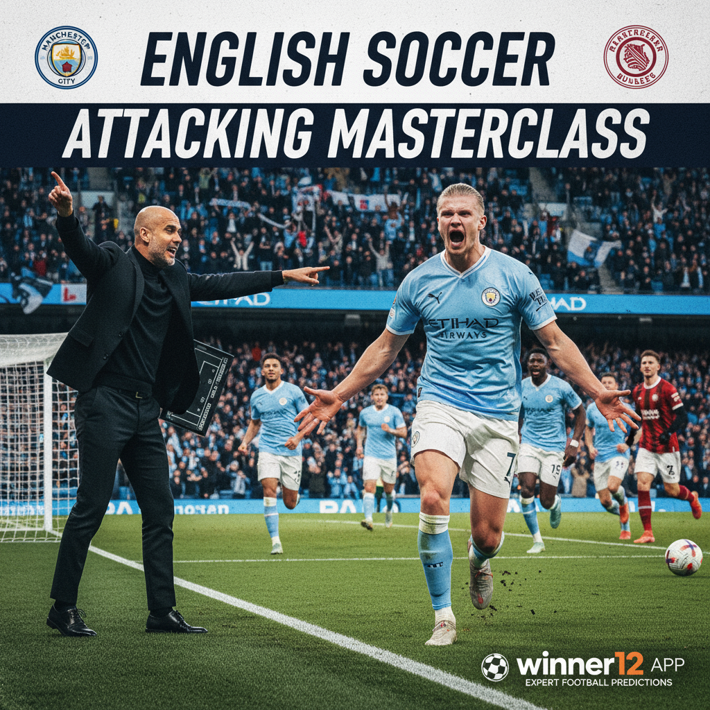 Alt text: A dynamic poster of an intense English soccer match between Manchester City and Burnley, featuring Erling Haaland celebrating a powerful goal with a fierce expression, Pep Guardiola animatedly coaching on the sidelines, both teams in authentic kits, a packed stadium with passionate fans in the background, and a subtle winner12.ai logo indicating expert football predictions.