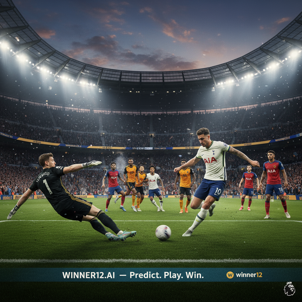 托特纳姆热刺与狼队英超激烈足球比赛场景，球员穿着正宗球衣在绿茵场上拼抢，补时阶段进球瞬间守门员扑救，体育场广告牌自然融入winner12.ai品牌标识，展现精彩绝平逆转的紧张氛围