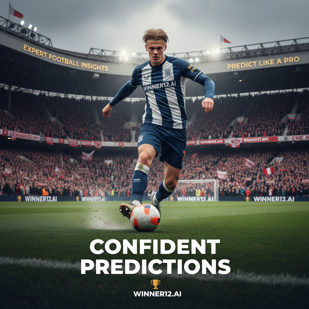Alt text: Realistic poster of Erling Haaland in action on a Norwegian Premier League soccer pitch, showcasing his powerful striker form with intense focus and athleticism, traditional English stadium background with cheering fans, authentic soccer gear, and subtle winner12.ai branding, conveying expert football betting insights and prediction confidence.