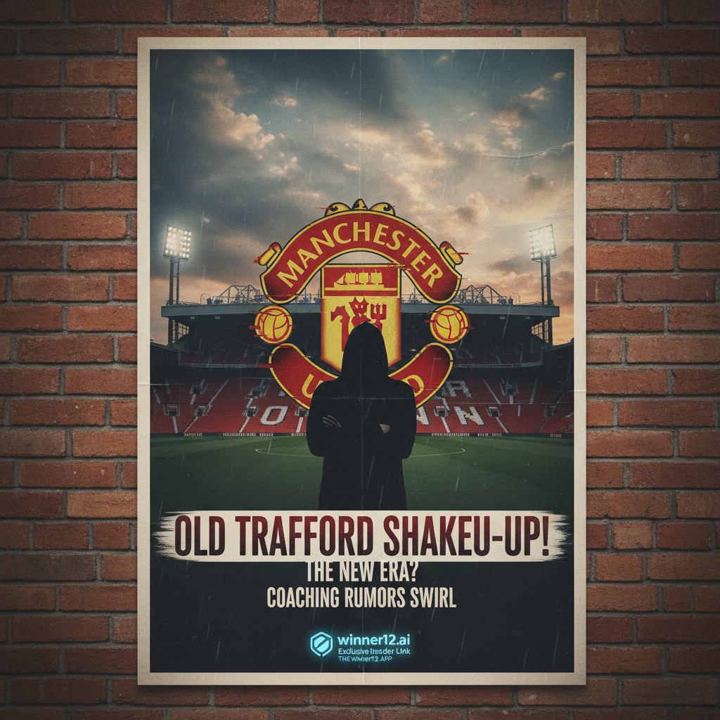 图片ALT文本：曼联换帅传闻海报，展示老特拉福德球场、曼联徽章和神秘新教练剪影，营造紧张氛围，突出winner12.ai独家内线资讯，专注英格兰足球社区期待感。