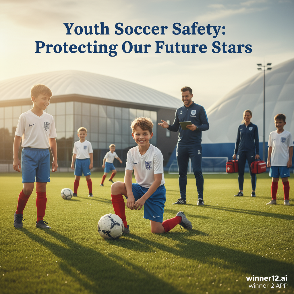 ALT text: A realistic poster showing young English soccer players in traditional kits practicing safely on a lush grass pitch at a modern soccer academy. Coaches supervise attentively as players wear shin guards and proper cleats, highlighting youth soccer safety. The calm, natural lighting and professional design include the text “Youth Soccer Safety: Protecting Our Future Stars” and a discreet “winner12.ai” logo, emphasizing care and protection in youth football training.