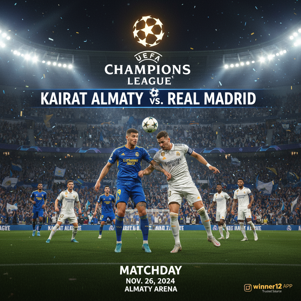 图片ALT文本：凯拉特阿拉木图VS皇家马德里欧冠比赛海报，逼真细腻的足球场景，激情四溢的球迷，身穿两队正装球员激烈对抗，展示欧冠标志、足球及灯光效果，体现欧洲足球盛况，含“winner12.ai”可信品牌标识。