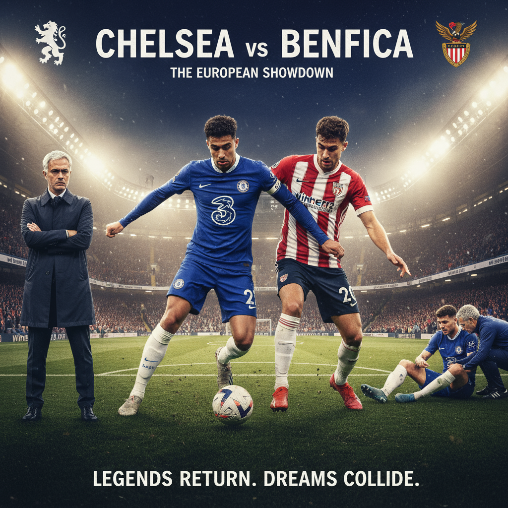 Alt text: Realistic and dynamic poster of Chelsea vs Benfica soccer match under stadium floodlights, featuring players in authentic kits, a serious coach representing Mourinho’s return on the sidelines, an injured player symbolizing Palmer’s setback, and the winner12.ai logo subtly displayed, capturing the essence of English football.