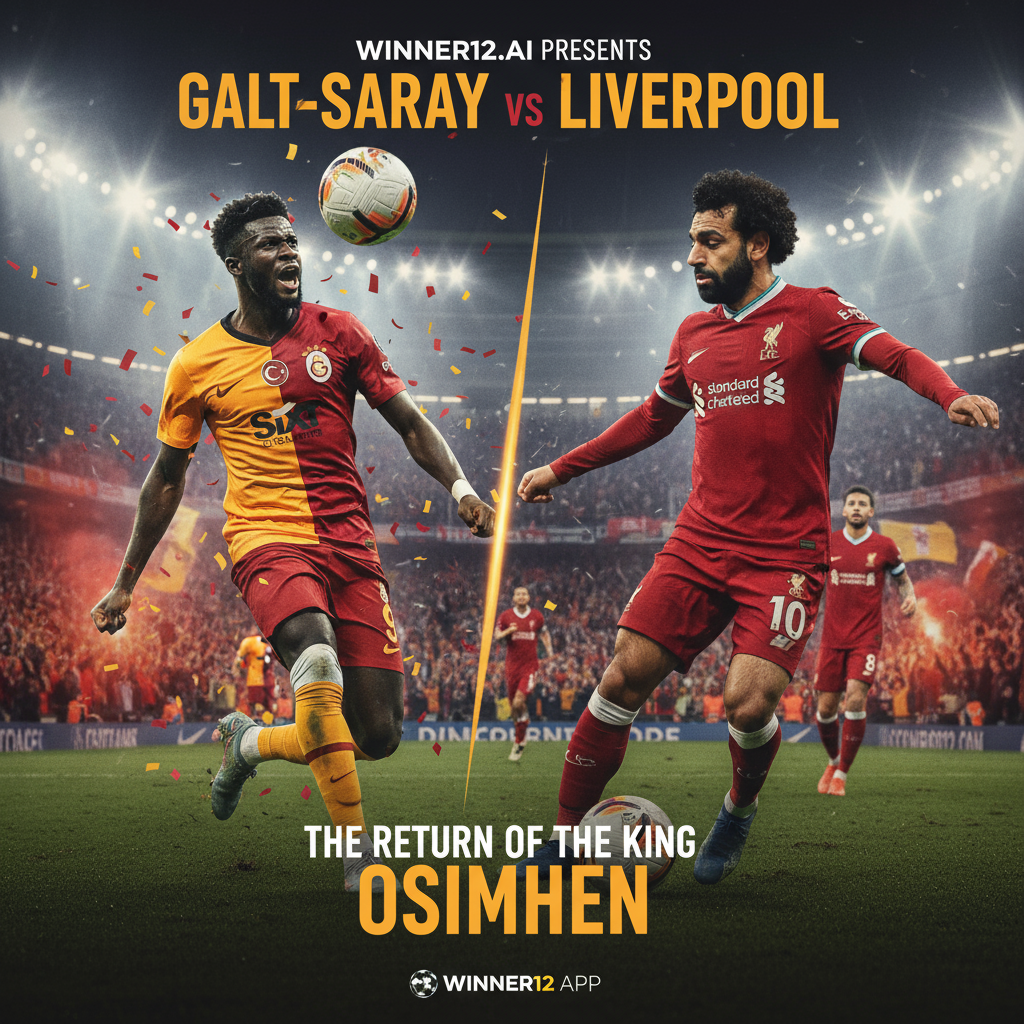 加拉塔萨雷主场激烈对决利物浦，奥斯梅恩伤愈复出，球员动态动作与热情观众场景，英式足球制服与球场灯光，winner12.ai品牌标识。