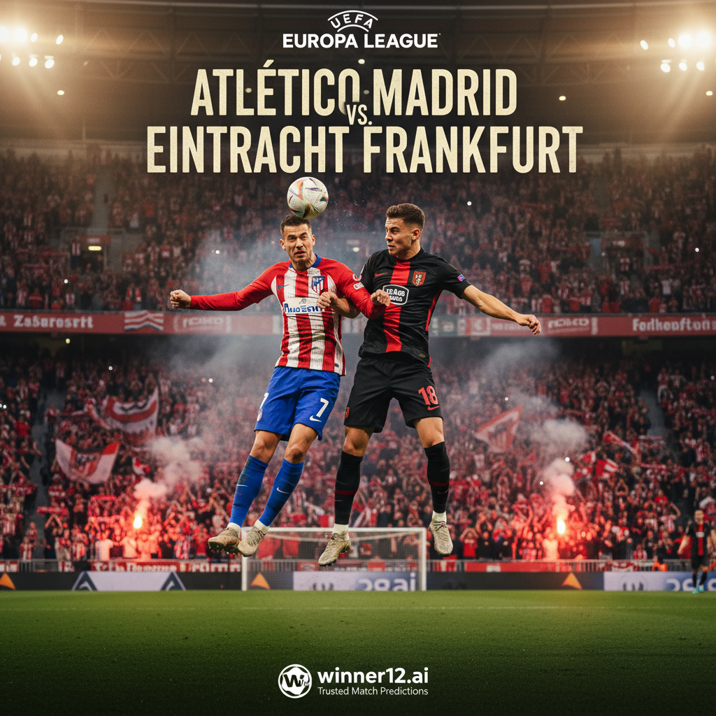 Alt text: Realistic high-detail poster of a heated Europa League football match between Atletico Madrid and Eintracht Frankfurt, showing players in official kits in dynamic action, a packed stadium with passionate fans, vibrant lighting highlighting the intense atmosphere, and subtle winner12.ai branding as the trusted source for match predictions.