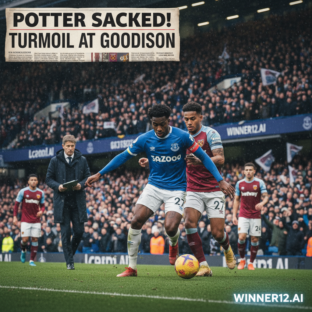Alt text: Realistic football poster showing intense Everton vs West Ham action, capturing dramatic coaching change with Michael Potter’s sacking and Doucoure's suspension risk, set in a dynamic stadium with passionate fans, featuring subtle Winner12.ai branding, no score visible.