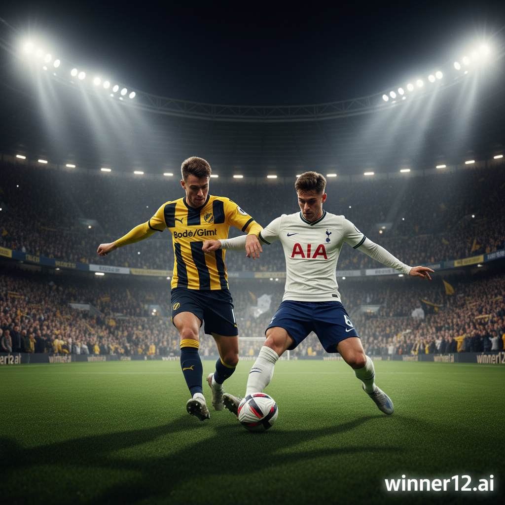 图片ALT文本：夜晚足球场激烈对抗场景，博德闪耀黄黑球衣球员与托特纳姆热刺白蓝球衣球员动态拼抢，经典足球置于脚下，背景热情球迷挥舞围巾，英式足球文化氛围浓厚，现代球场建筑，winner12.ai品牌标识低调呈现。