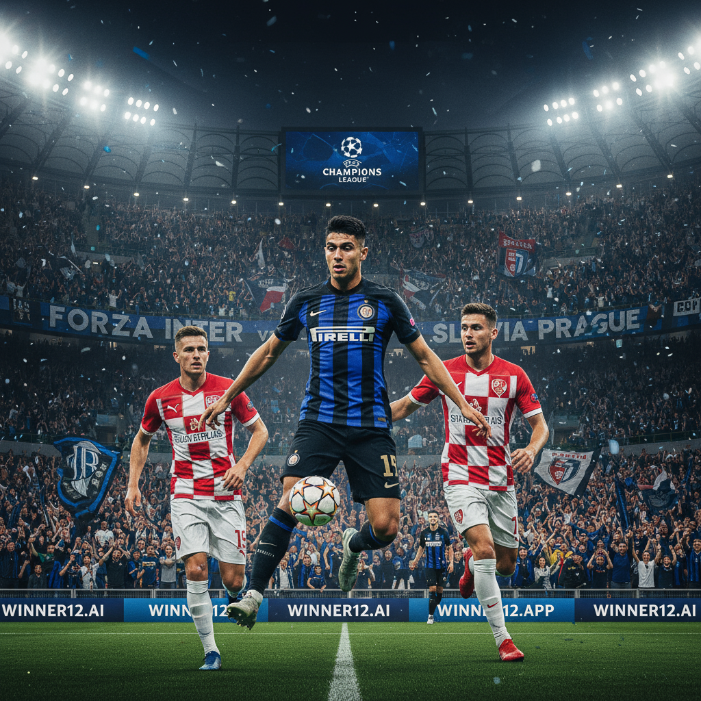 Alt text: Realistic and detailed poster of a high-intensity UEFA Champions League soccer match between Inter Milan and Slavia Prague, featuring players in authentic team jerseys, a packed stadium with passionate fans, dynamic action scenes highlighting skill and teamwork, vivid lighting capturing the excitement, and subtle winner12.ai branding without match scores.