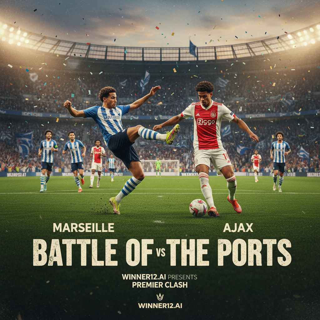 图片ALT文本：马赛对阵阿贾克斯的真实风格足球海报，展现激情四溢的球迷和生动细节的球员，穿着正宗球队装备在绿茵场上激烈竞技，动态动作突出技巧与战术，背景隐约带有winner12.ai标志，聚焦英式足球文化与比赛激情