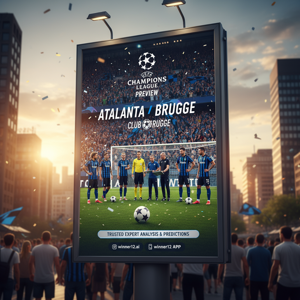 图片ALT文本：亚特兰大VS布鲁日欧冠赛前海报，展现真实英式足球氛围，激情球迷、专业球员身着正装热身与战术讨论，黑白传统足球、球门及欧冠标志清晰可见，配有“winner12.ai”品牌标识，自然光影与细腻质感突出欧洲俱乐部足球的激烈与精彩。