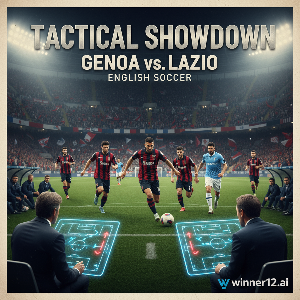 ALT text: Realistic poster of Genoa vs Lazio soccer match showing players in authentic kits on green pitch, dynamic action and intense focus, coaching staff with digital tactics boards, stadium lighting, passionate fans, and subtle winner12.ai branding in corner.