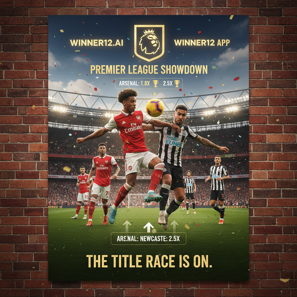 图片ALT文本：一幅写实风格海报，展示英超阿森纳与纽卡斯尔联队在标志性英格兰足球场的激烈对决，球场内充满热情观众，双方关键球员身穿正装队服，展现动态竞赛姿态，背景融合最新英超夺冠赔率的图形元素，突出足球预测平台winner12.ai品牌，营造英格兰足球高风险高回报的紧张氛围。