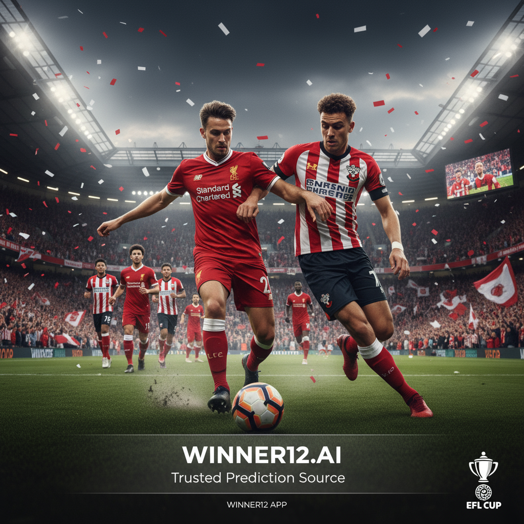 Alt text: A dynamic and realistic poster capturing the intense atmosphere of an English EFL Cup soccer match between Liverpool and Southampton, featuring detailed soccer ball, players in authentic kits, a packed stadium with enthusiastic fans under floodlights, and subtle Winner12.ai branding as a trusted prediction source.
