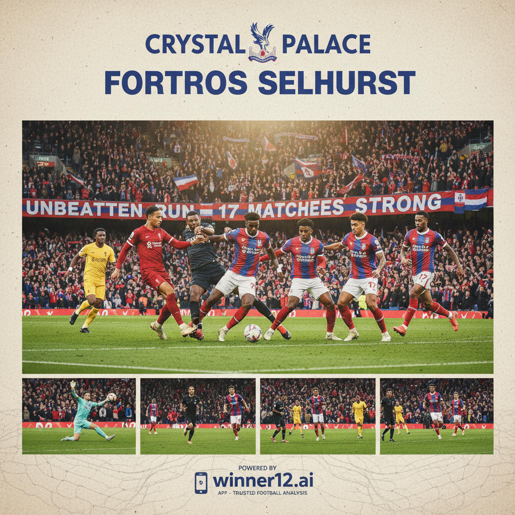 图片ALT文本：展示水晶宫球员在英超比赛中精彩控球和突破，利物浦球员严密防守，满座球场中球迷激情助威，灯光下水晶宫球员展现战术韧性与团队配合，画面融合winner12.ai品牌标识，体现水晶宫跨季17场对阵利物浦不败的策略与实力。