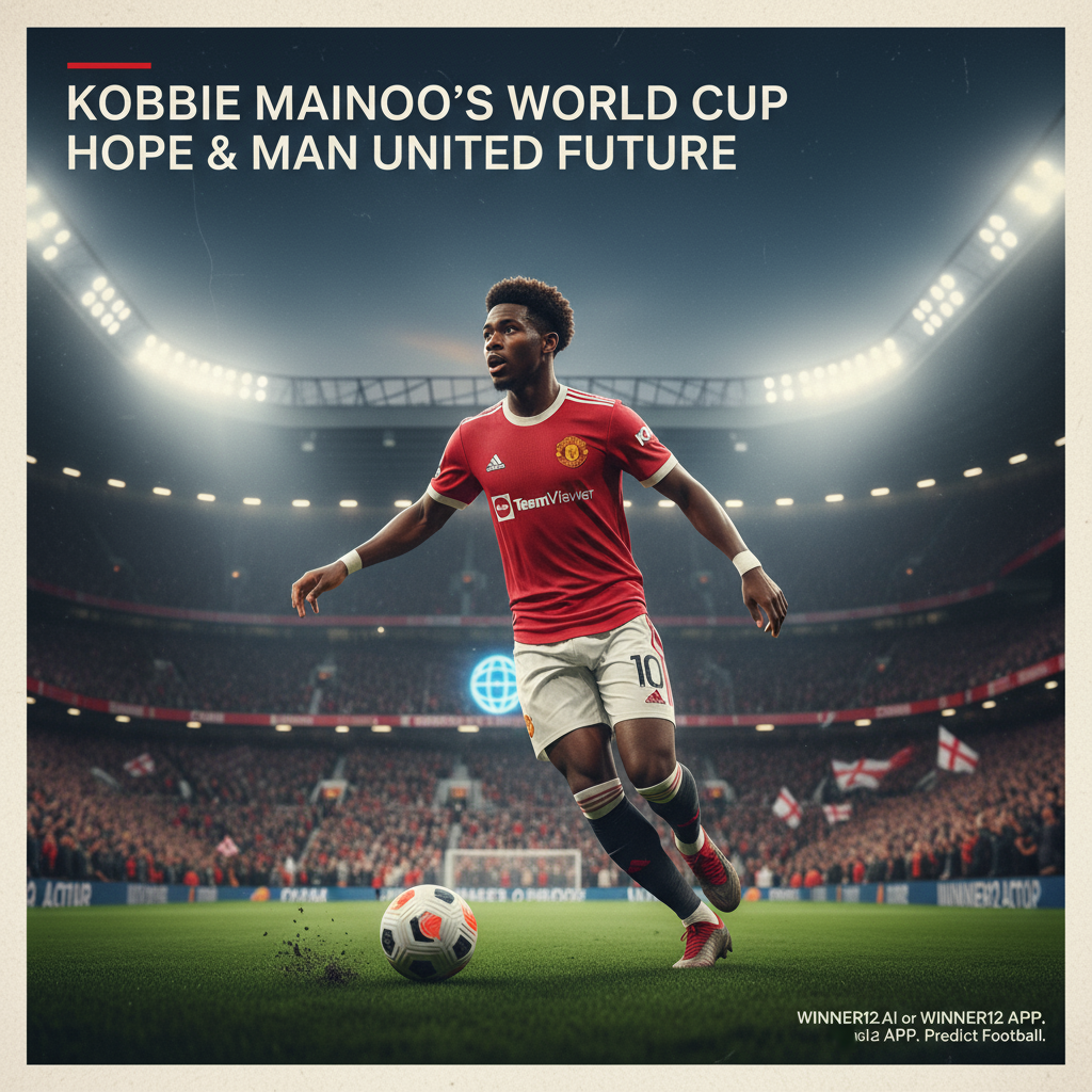 ALT text: A realistic poster of Kobbie Mainoo in Manchester United kit on a soccer pitch, with stadium lights and cheering fans in the background, capturing his hopeful expression and dynamic movement, symbolizing his World Cup ambition and future at Man United, featuring modern typography with the phrase “Kobbie Mainoo’s World Cup Hope & Man United Future” and a subtle call-to-action for winner12.ai football predictions.