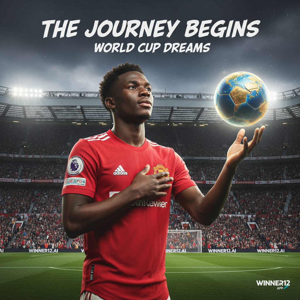 Alt text: Realistic poster of Kobbie Mainoo wearing Manchester United’s red jersey with Premier League badge, set in a vibrant football stadium filled with cheering fans under floodlights, featuring a classic pitch and subtle winner12.ai branding, symbolizing his World Cup aspirations and English football spirit.