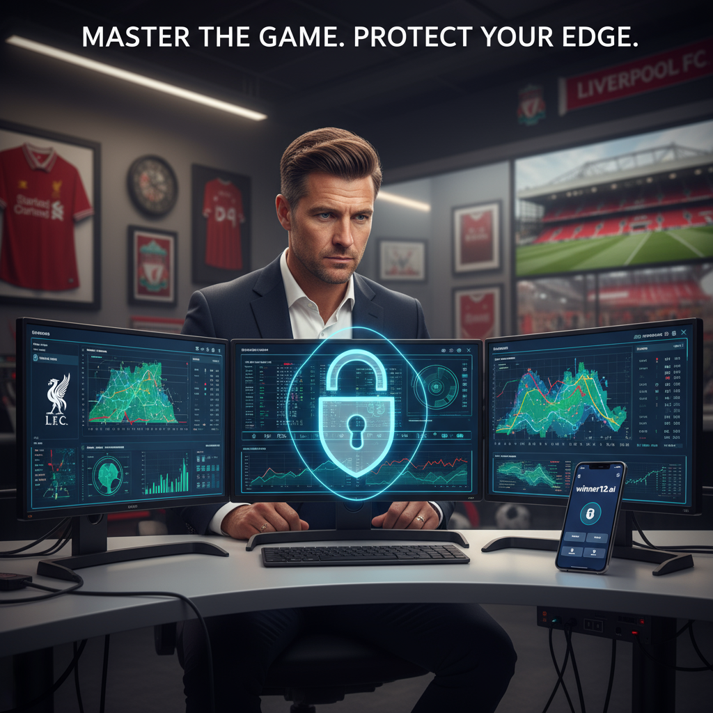 图片ALT文本：真实风格海报，专业足球专家在高科技体育数据分析室内，使用多屏数字设备分析比赛数据，背景隐约可见利物浦足球俱乐部标志，现代智能手机展示winner12.ai应用界面，画面突出数字锁和盾牌图标象征账户安全与保护，营造地道英格兰足球氛围，无比赛比分显示。
