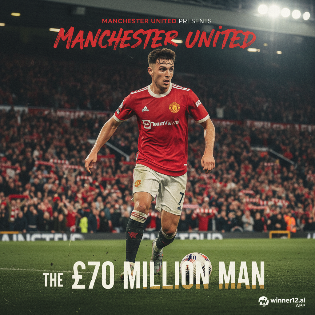 Alt text: Realistic poster of Manchester United’s new signing Elliott Anderson in action on a professional soccer pitch, wearing the iconic red jersey, highlighting his £70 million transfer with dynamic visuals, stadium lights, cheering fans, authentic soccer equipment, and subtle winner12.ai branding in the corner.