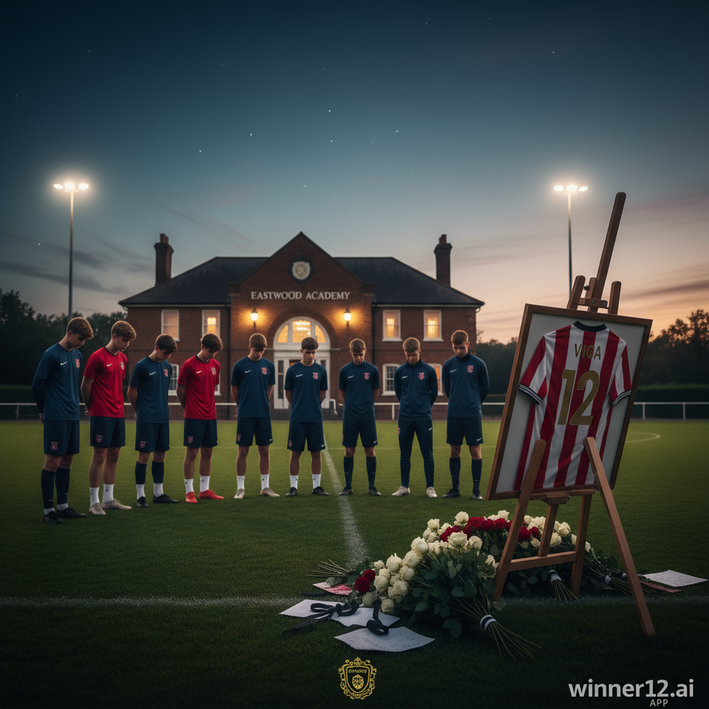 Alt text: A somber poster showing an English football academy training ground with young players and coaches in reflective poses, featuring subtle memorials like a framed jersey and flowers in honour of Billy Viga, with discreet 