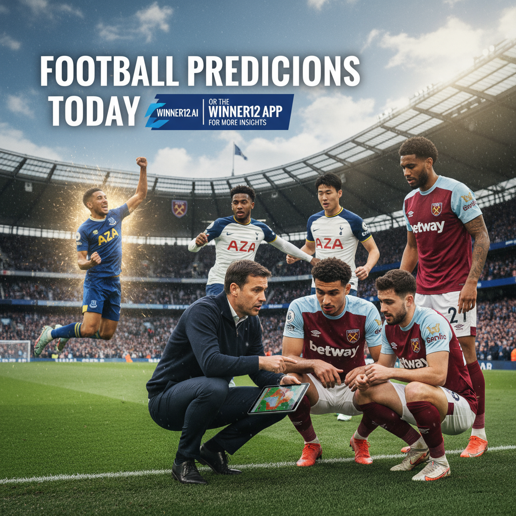 Alt text: Realistic football poster showing West Ham manager Nuno Espírito Santo in a tactical discussion with players on the sidelines, featuring West Ham and Tottenham Hotspur players in action, an Everton player symbolizing revival in the background, set in an authentic English Premier League stadium with natural lighting, including the text 