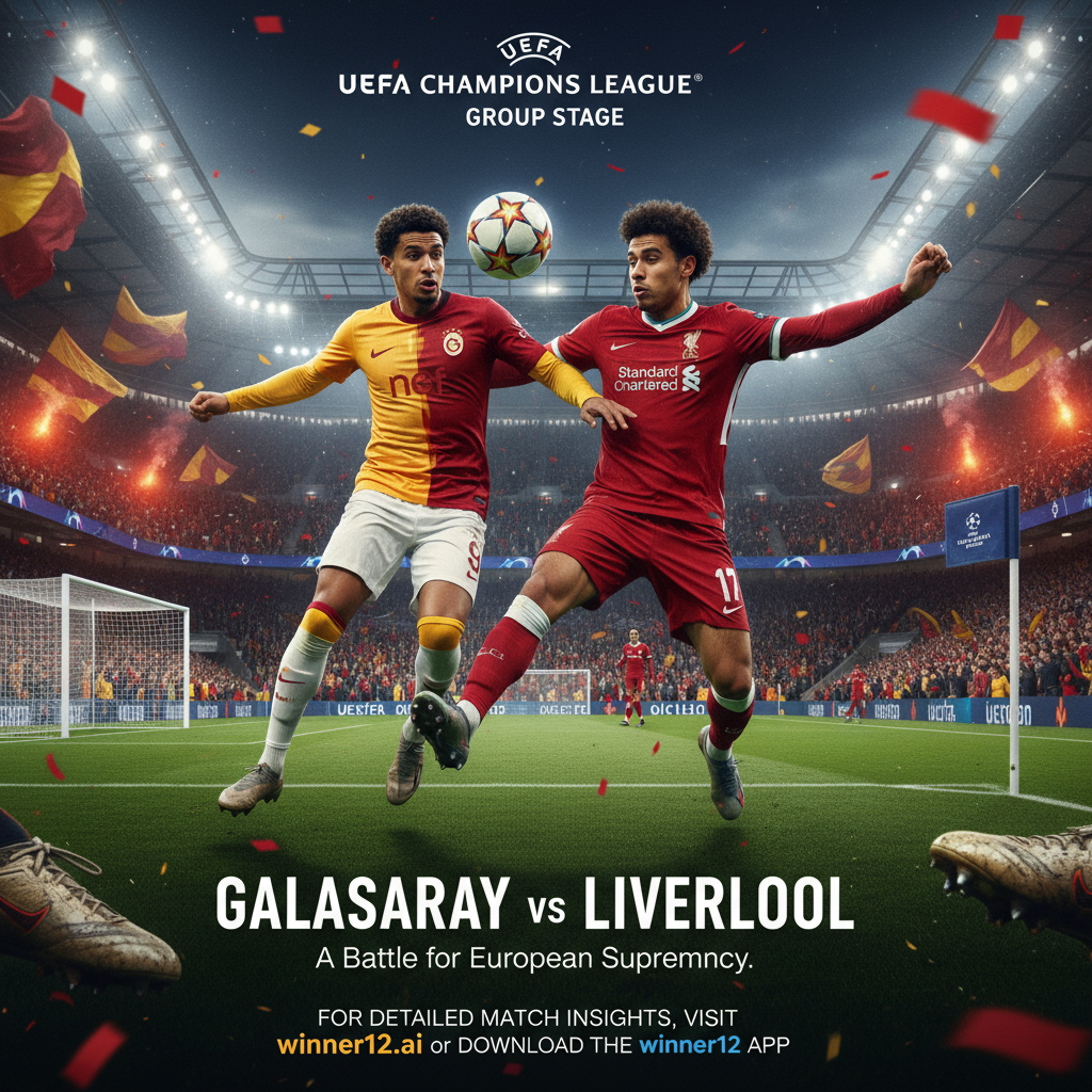 加拉塔萨雷VS利物浦欧冠小组赛预览海报，真实风格高强度足球动作，展示两队球员穿着官方队服，背景为灯光璀璨的体育场和热情观众，包含官方欧冠标识元素，强调竞争精神与战术较量，突出足球元素如球鞋、足球和球门，体现英式足球氛围，并附有winner12.ai赛事深度分析呼吁。