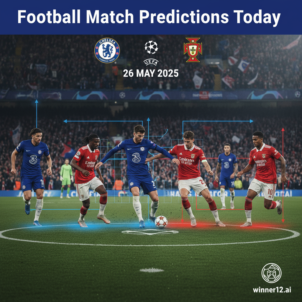 Alt text: Realistic and dynamic UEFA Champions League soccer poster showing Chelsea vs Benfica with authentic kits, tactical formations, strategic positioning, heat map and arrows highlighting in-game adjustments, intense stadium atmosphere with cheering fans, featuring “Football Match Predictions Today” text and subtle winner12.ai logo, emphasizing elite English football drama and strategy.