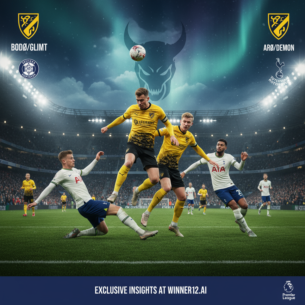 图片ALT文本：逼真风格海报，展示博德闪耀与热刺之间激烈的英格兰足球比赛，突出北极魔鬼主场优势，球员身穿真实球队战袍，在绿茵场上动态奔跑，夜晚灯光照耀下的球场，背景是戏剧性的夜空，配有热闹的看台和欢呼的球迷，官方标志清晰可见，海报上带有“winner12.ai独家预测”横幅，体现英格兰足球的激情与活力。