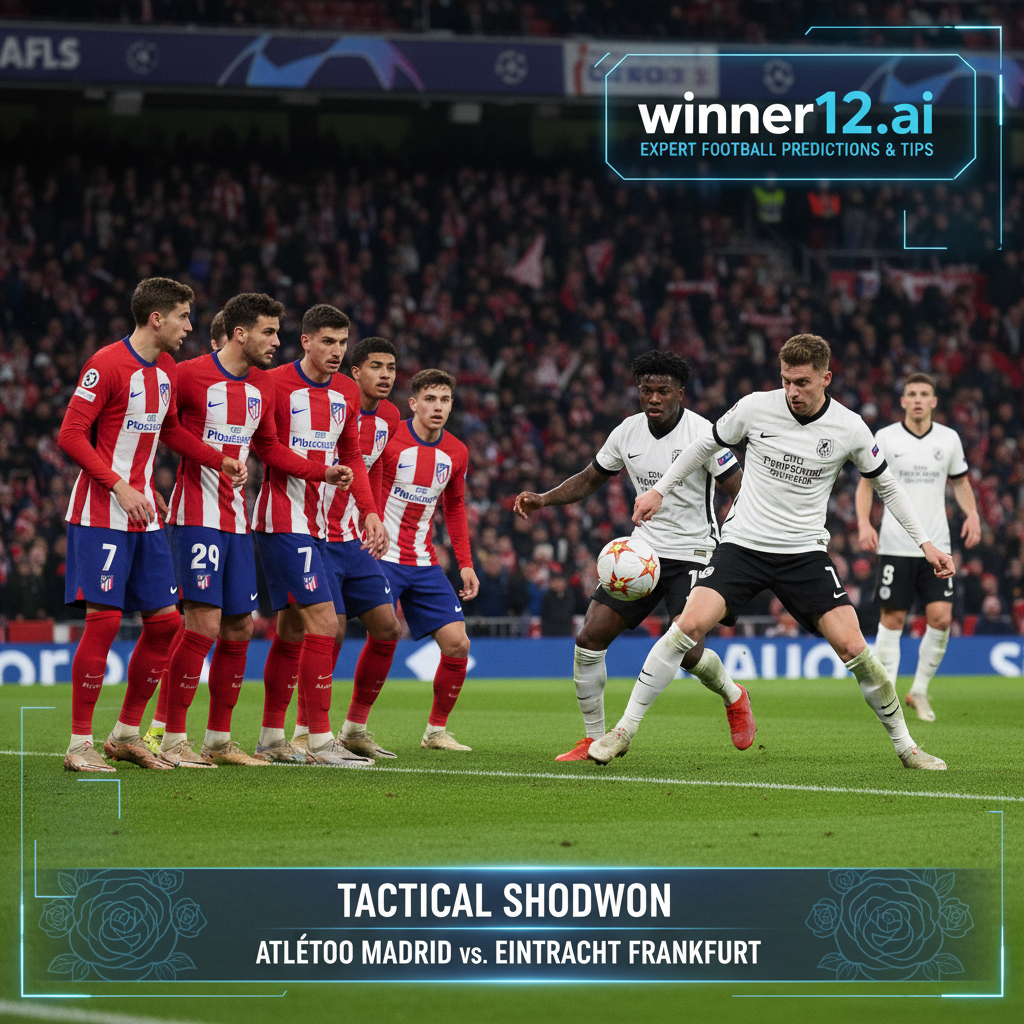Alt text: Realistic poster of Atletico Madrid vs Frankfurt tactical soccer match showing intense player focus and strategic gameplay on a lush green pitch under stadium lights, featuring Atletico’s disciplined defence and Frankfurt’s dynamic offence in authentic kits, with subtle digital elements referencing winner12.ai for expert football predictions, set against a vibrant English football culture crowd.