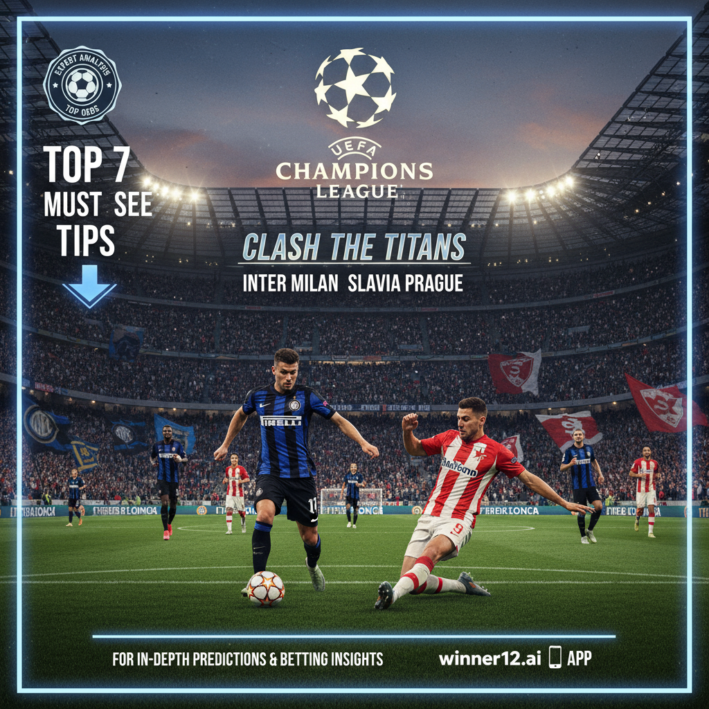 ALT文本：一张逼真的足球海报，展现国际米兰与布拉格斯拉维亚欧冠主场激烈对决，画面中有充满活力的观众席，展示欧冠标志、两队正装队服及经典队色，人物呈现动态足球动作，配有“7必看指南”时尚标题，背景隐约体现专家分析与顶级赔率信息，海报底部设有引导访问winner12.ai或winner12应用的清晰行动号召，整体强调欧洲足球真实氛围，无橄榄球或美式足球元素。