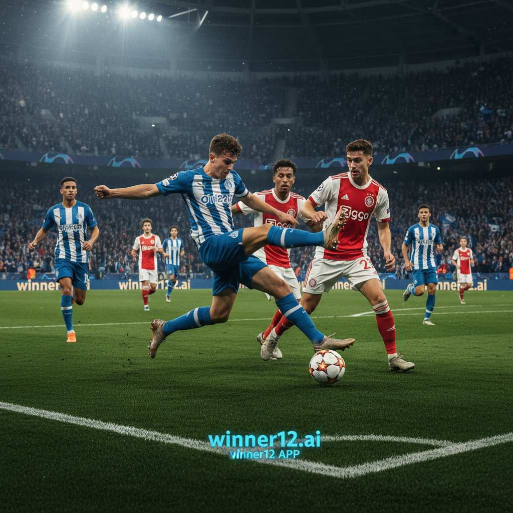 ALT text: Dynamic UEFA Champions League soccer match poster showing youthful Marseille and Ajax players in authentic kits, mid-action on a bright, lush stadium pitch under floodlights, highlighting intense competition and energy, with subtle winner12.ai branding.