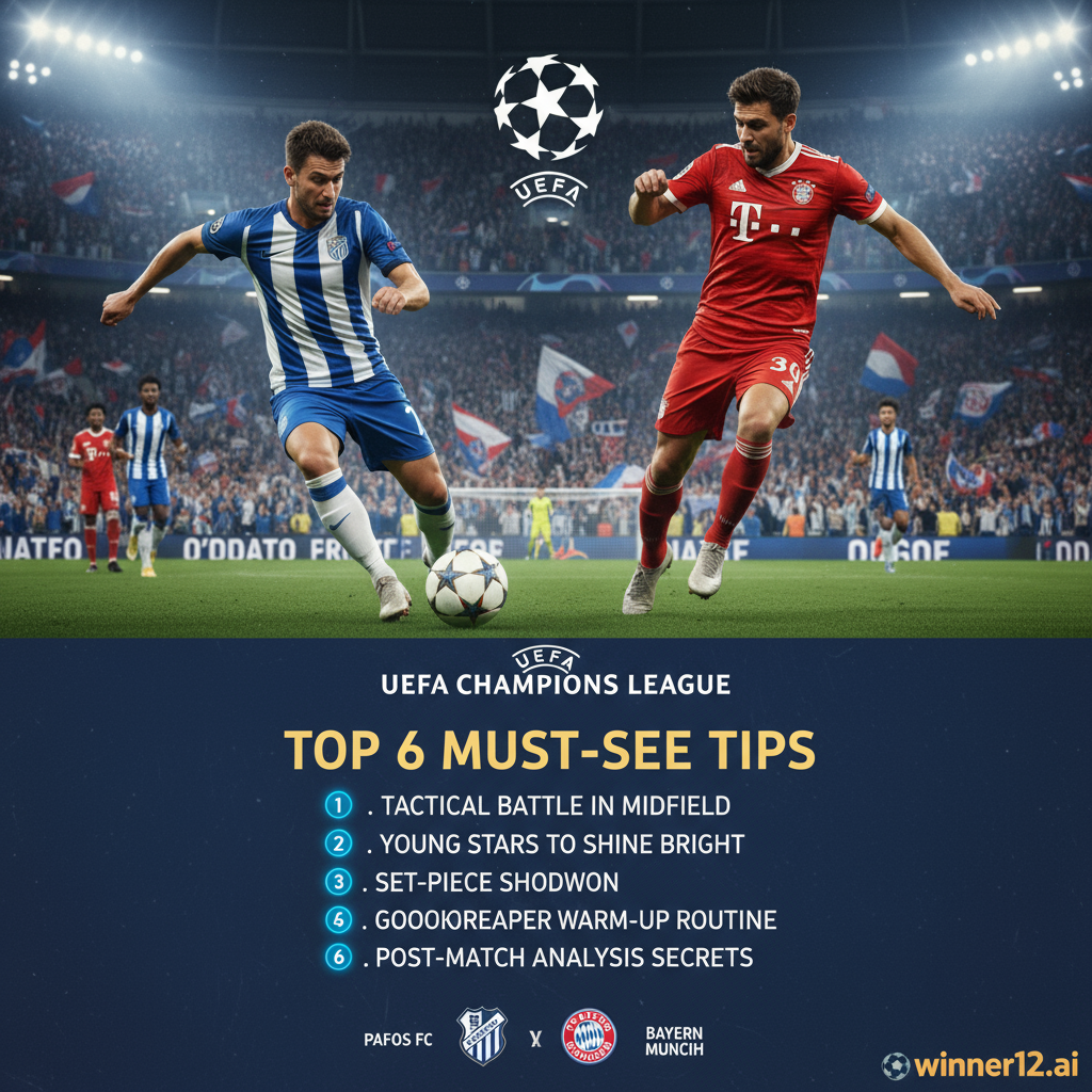 图片ALT文本：帕福斯FC对阵拜仁慕尼黑欧冠比赛海报，展现两队职业球员身穿真实球衣在热烈观众环绕的球场上激烈拼搏，融合俱乐部标志与配色，突出“6必看热门指数”足球预测推荐，含winner12.ai专业预测标志，逼真沉浸风格，体现顶级足球赛事激情与紧张氛围。