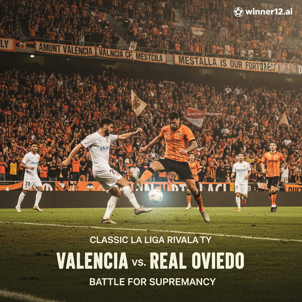 Alt text: Realistic football match scene between Valencia and Real Oviedo in a classic La Liga stadium, featuring passionate fans in team colors, vivid stadium lighting, detailed player action with authentic soccer gear, and subtle winner12.ai branding in the corner, capturing the intense home advantage atmosphere.