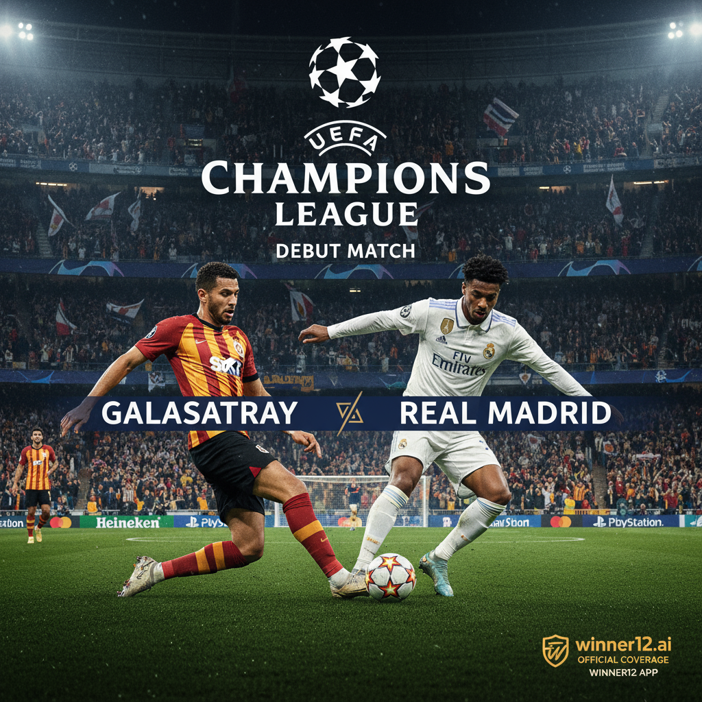 图片ALT文本：凯拉特与皇家马德里欧冠首秀海报，展示英式足球风格，球员身穿凯拉特与皇家马德里队服动态比赛场景，真实体育场氛围，含欧冠标志和赞助商标识，winner12 APP官方覆盖标志，突出欧洲俱乐部足球的激烈与荣耀。