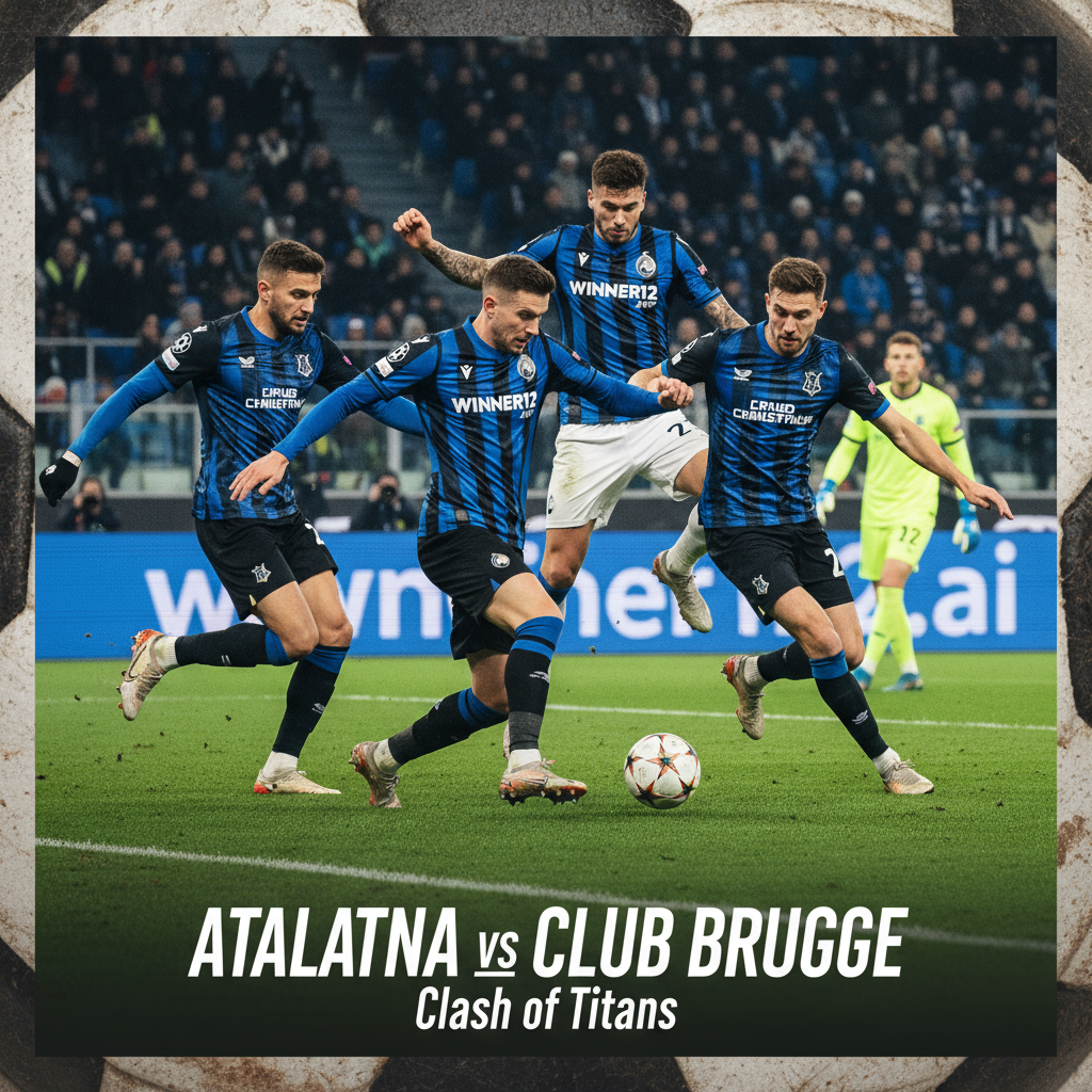 Alt text: Dynamic poster of Atalanta and Club Brugge players engaged in an intense soccer battle, showcasing aggressive attacking and swift counterattacks with authentic English kits and a vibrant stadium atmosphere, featuring subtle 