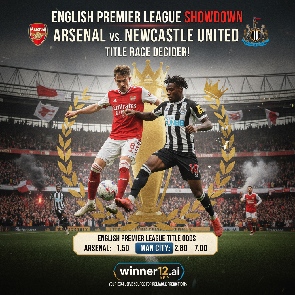 阿森纳与纽卡斯尔联英超激烈对决海报，真实风格展现球场氛围，球迷激情澎湃，球员身穿正品球衣，动作表现技巧与竞争，背景融入奖杯和冠军元素，突出夺冠悬念，搭配醒目标语和英超赔率信息，winner12.ai独家预测品牌标识，清晰体现英格兰足球赛事特色，无橄榄球元素。
