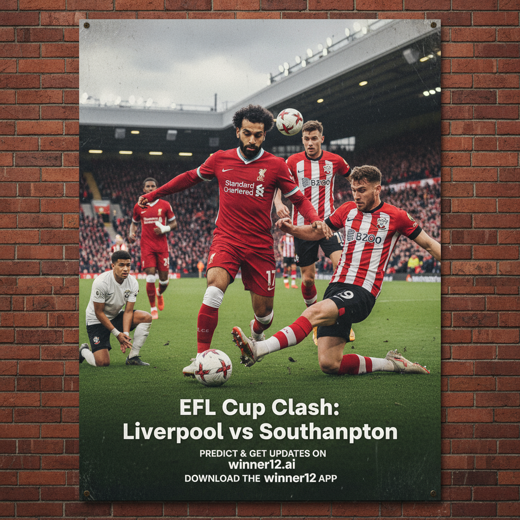 ALT text: Realistic poster of a high-intensity EFL Cup soccer match between Liverpool and Southampton, featuring key players in dynamic action poses with authentic team jerseys and stadium background, highlighting injury impact with a player receiving medical attention on the sidelines; includes text “EFL Cup Clash: Liverpool vs Southampton” and a call-to-action for winner12.ai predictions and updates.