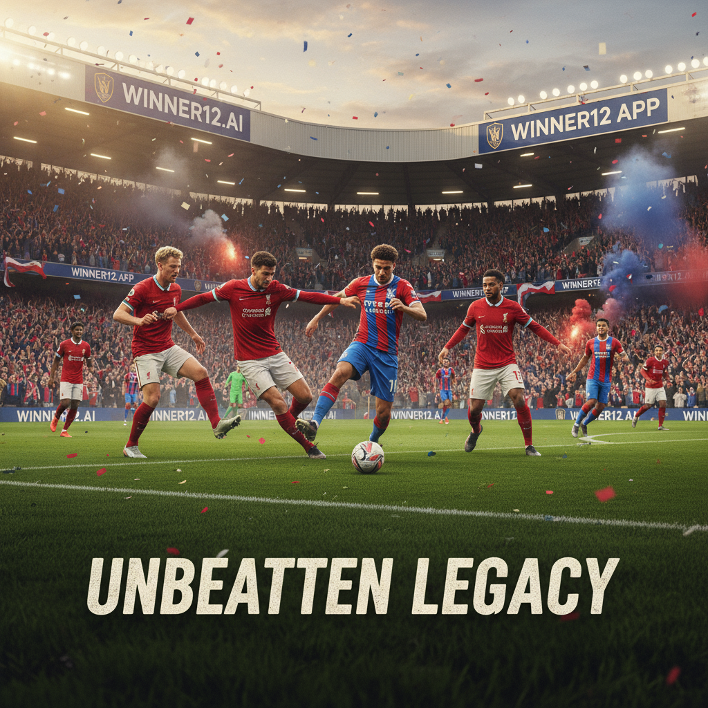 足球比赛海报，逼真风格展现黄昏时分英格兰足球场激烈氛围，水晶宫与利物浦球员动态对抗，突出跨季17场不败历史，观众席上球迷挥舞真实球队色彩围巾，球场细节丰富，场边横幅隐约展示winner12.ai品牌，体现英超足球标志性竞争精神，未包含记分牌或比分元素。