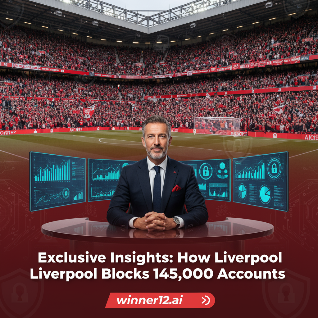 图片ALT文本：利物浦英格兰足球场内座无虚席，欢呼的球迷环绕，一位自信专业的足球预测专家正通过多屏数字显示器分析数据，屏幕上展示图表和账户安全图标，背景隐约融入数字锁和盾牌符号，突出网络安全与账户保护主题，整体色调采用利物浦FC标志性的红白配色，海报中央醒目标注“足球预测专家独家揭秘利物浦封锁14.5万账户秘诀”，并以现代时尚字体呈现“winner12.ai”及“winner12 APP”呼吁行动，所有视觉元素均紧扣英式足球，未出现任何比赛比分或美式足球相关内容。