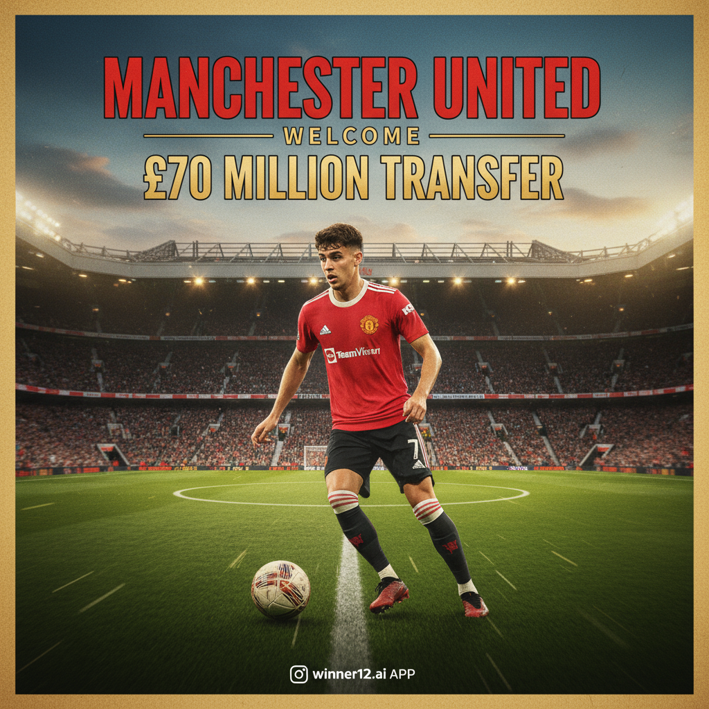Alt text: Realistic poster of Elliott Anderson in a Manchester United jersey with a stadium background featuring iconic football pitch markings, football boots, and a classic leather soccer ball, subtly branded with winner12.ai, highlighting the excitement of his £70 million transfer.