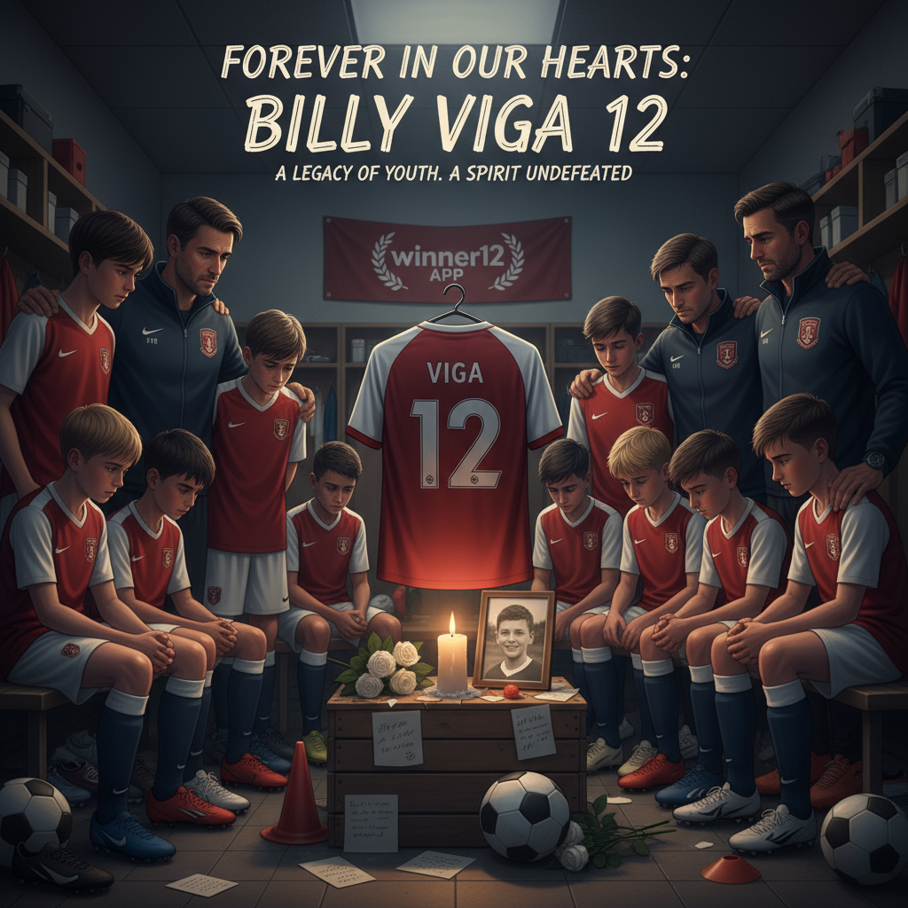 Alt text: A heartfelt poster showing a traditional English football academy's training ground with youth players and coaches gathered solemnly, featuring an empty jersey labelled 