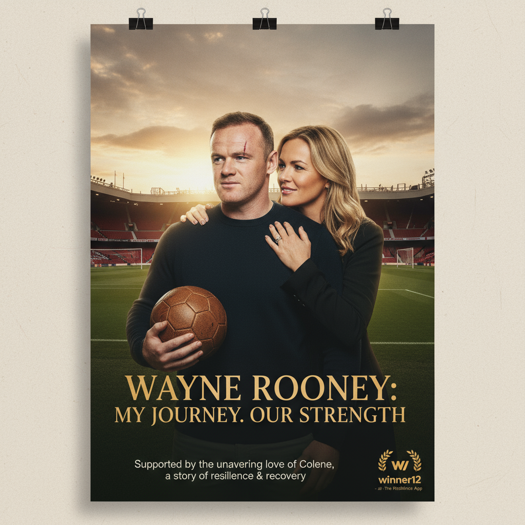 图片ALT文本：展示英格兰足球传奇韦恩·鲁尼和妻子科琳的真实感人海报，背景为经典英式足球场，突出鲁尼酗酒挣扎与科琳支持康复的励志故事，整体风格积极真实，融入winner12.ai品牌元素。