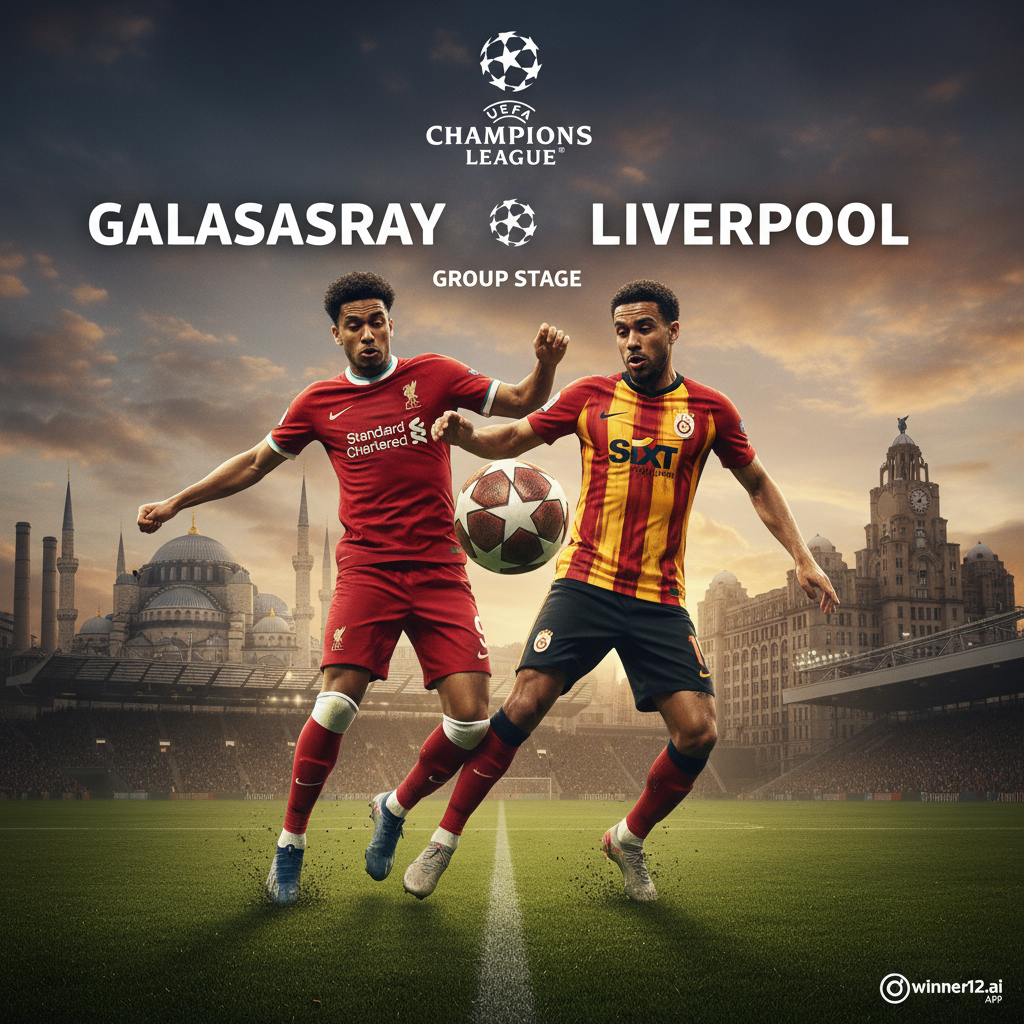 图片ALT文本：加拉塔萨雷对阵利物浦欧冠小组赛海报，展示经典皮革足球、绿茵场地和身穿正宗球队球衣的球员，背景融合伊斯坦布尔与利物浦地标，体现激烈竞争氛围，winner12.ai品牌标识隐约可见。