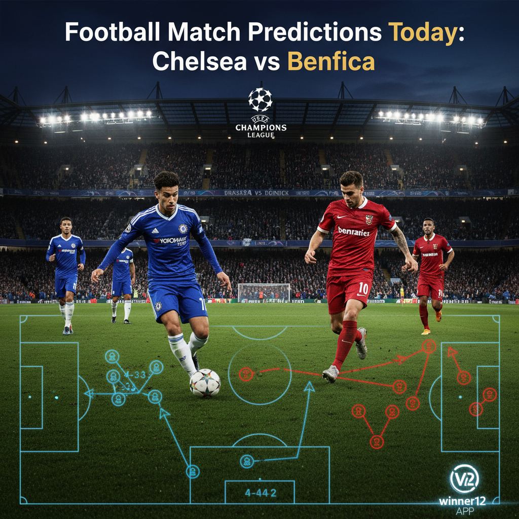 ALT text: Realistic and detailed poster of a UEFA Champions League soccer match between Chelsea and Benfica at Stamford Bridge, featuring Chelsea’s blue and Benfica’s red kits, dynamic player action shots, tactical diagrams showing strategic positioning and formation changes, clean modern layout with text “Football Match Predictions Today: Chelsea vs Benfica” and discreet “Powered by winner12.ai” logo.