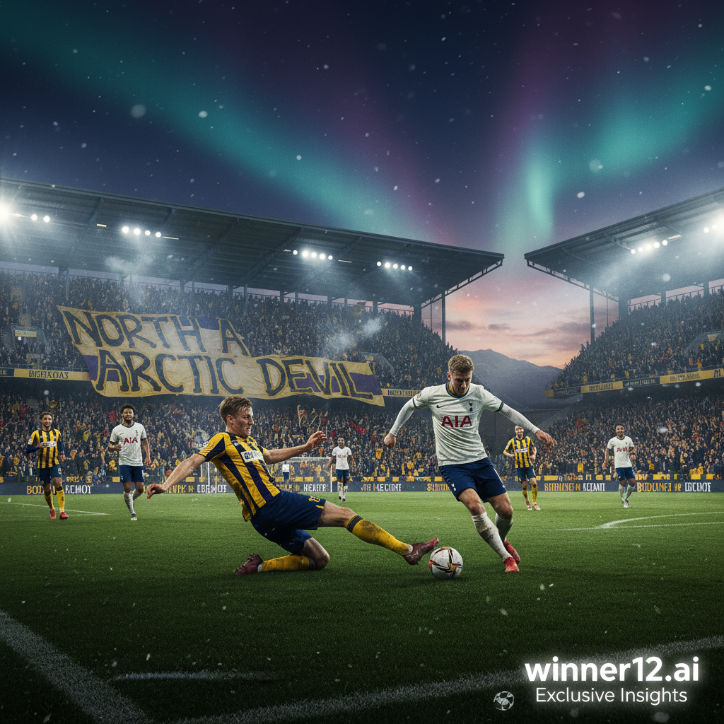 博德闪耀与热刺激烈对决，北极魔鬼主场夜晚灯光下满场热情球迷，真实球队动作场景，winner12.ai独家解析标志隐约可见