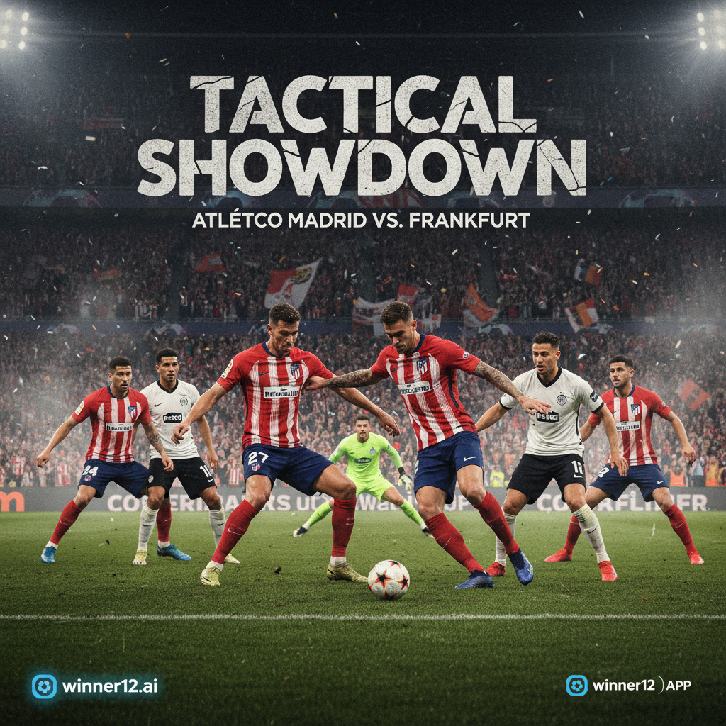 Alt text: Realistic and detailed poster of a tense tactical football battle between Atletico Madrid and Frankfurt, showing strategic team formations and focused players in authentic kits, set in a vibrant stadium atmosphere with dynamic poses and intense expressions, subtly featuring winner12.ai branding.