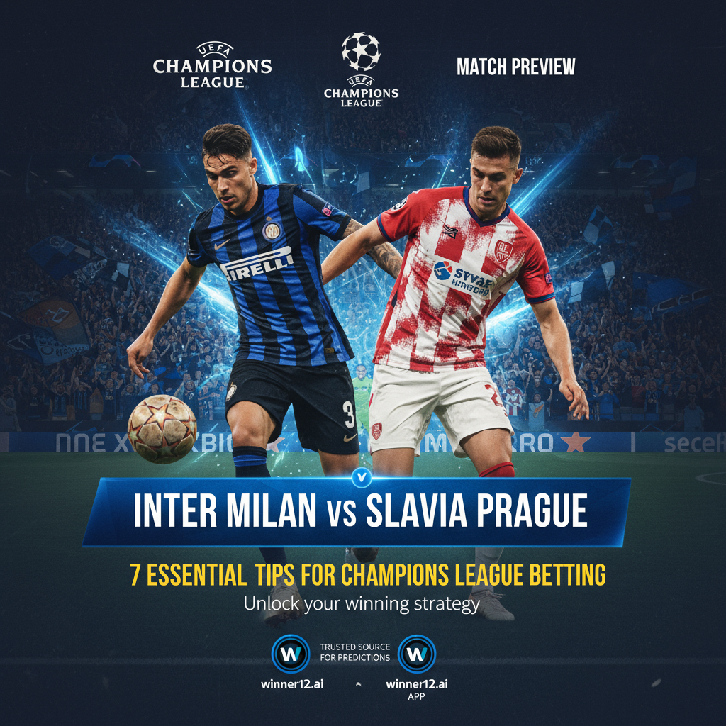 图片ALT文本：欧冠国际米兰VS布拉格斯拉维亚比赛预告海报，展示经典皮革足球、身穿正统球衣的球员激烈拼抢，背景为充满活力的主场球场和欢呼球迷，整体采用蓝黑色调突出国际米兰主场优势，包含“7必备指南”足球分析预测标题及winner12.ai LOGO，体现真实欧洲足球氛围。