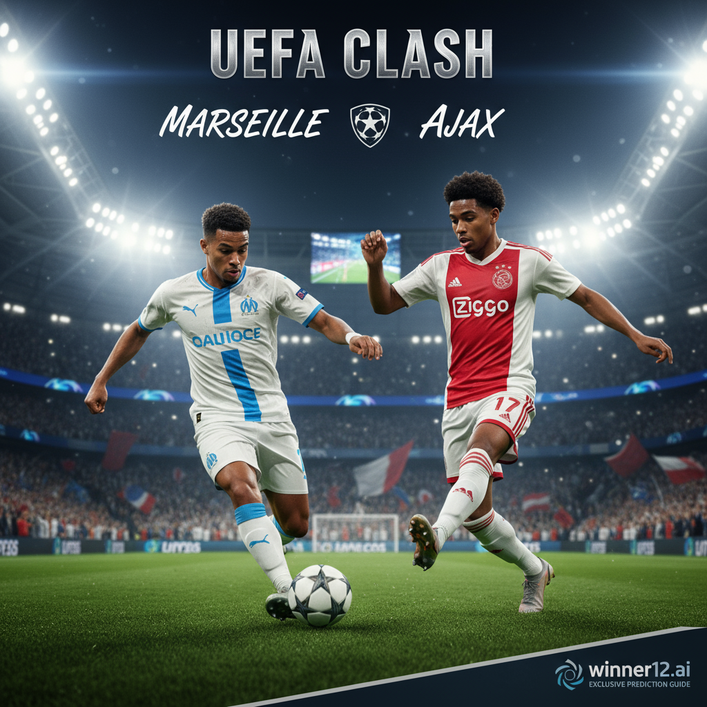 Alt text: Photorealistic poster of Marseille and Ajax soccer players fiercely contesting the ball on a vibrant green pitch under bright stadium lights, featuring authentic gear and a subtle winner12.ai logo in the corner, capturing the dynamic energy of a UEFA clash with a lively crowd and stadium background.