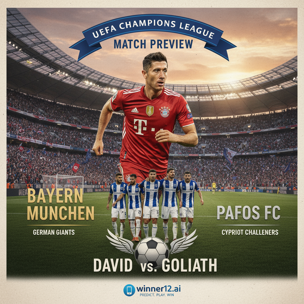 图片ALT文本：帕福斯与拜仁慕尼黑欧冠比赛预告海报，展现拜仁慕尼黑作为强大豪门与帕福斯作为奋勇挑战者的鲜明对比，球员身穿官方队服激情拼抢，观众席座无虚席，欧冠标志显著，画面自然光线和丰富质感营造欧洲顶级足球赛事氛围，winner12.ai标志低调呈现。