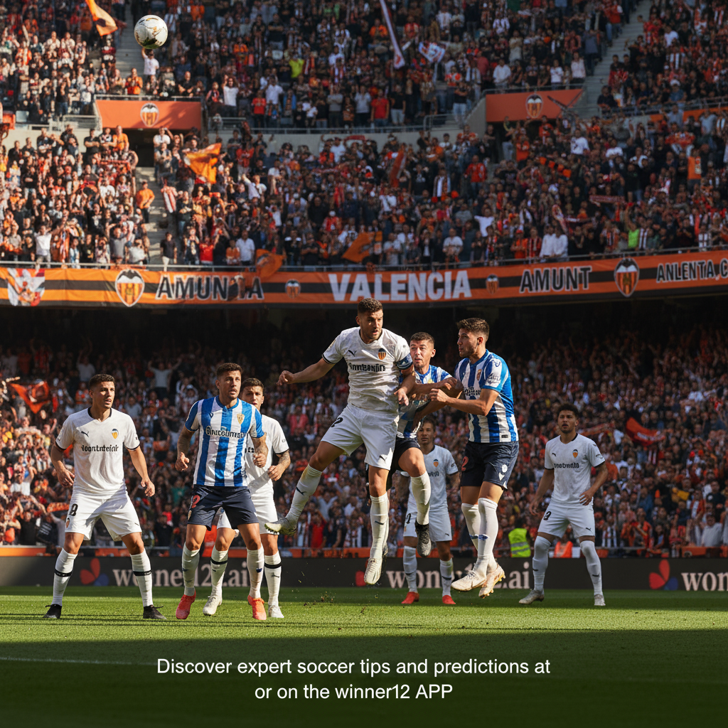 ALT text: Realistic poster of an intense Valencia vs Real Oviedo La Liga soccer match showing dynamic players in authentic kits, Valencia’s home crowd with iconic colors in a detailed stadium, natural lighting enhancing the atmosphere, and subtle text promoting expert tips at winner12.ai and the winner12 APP.