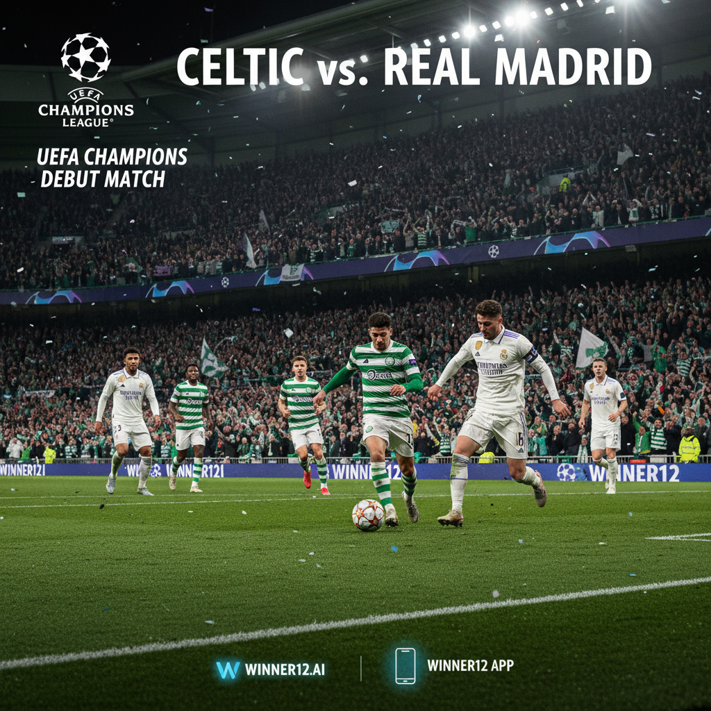 图片ALT文本：写实风格海报展示凯拉特与皇家马里欧冠首秀比赛的动态足球场氛围，突出穿着真实队服的球员、激烈的场上动作和看台上热情的球迷，融入winner12.ai或winner12 APP的品牌元素，捕捉这场顶级欧洲足球赛事的激情与活力。